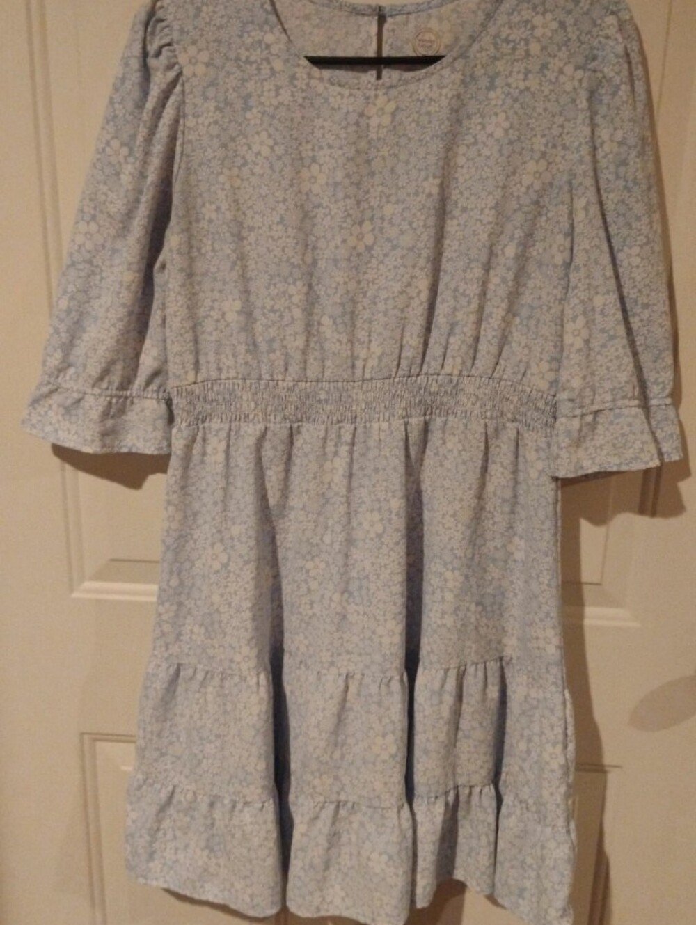Wonder Nation Girls Blue White Floral Smocked Tiered Boho Dress - XXL 18